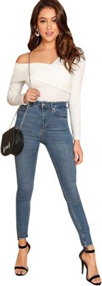 Romwe Women's Casual Cross Off Shoulder Deep V Neck Ribbed Knit Slim Wrap Tee Shirt Blouse - Image 4